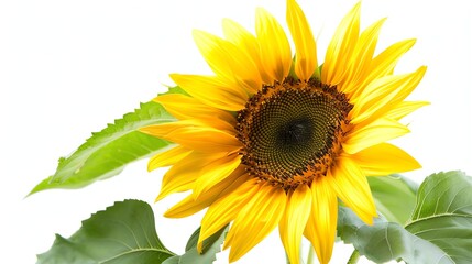 Obraz premium A close-up photo of a sunflower with green leaves.