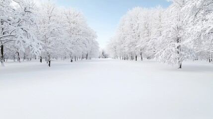Obraz premium Snowy park path, winter trees, bright sky, peaceful scene, nature background