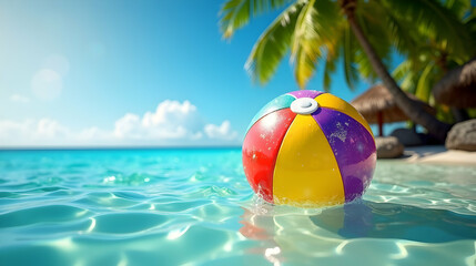Obraz premium A Vibrant Beach Ball Floats Gracefully in Crystal Clear Tropical Waters Under a Blue Sky