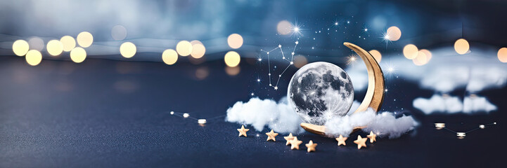 Naklejka premium Moon Stars Crescent Night Sky Celestial Fantasy Dreamy Mystical Magical Bokeh Lights Winter Holiday