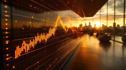 Stock market graph displayed on a large screen in a modern office with a city sunset view.
