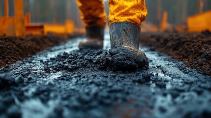 Naklejka premium Muddy construction worker walking on construction site