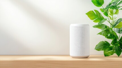 Modern Smart Speaker on Wooden Table with Green Plant