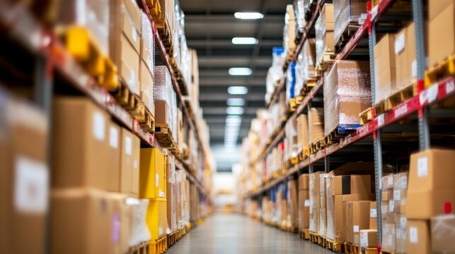Wide-angle view of a high-tech warehouse showcasing augmented reality graphics that highlight package details, streamlining the picking process in logistics