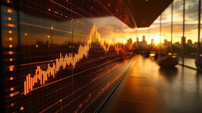 Stock market graph displayed on a large screen in a modern office with a city sunset view.