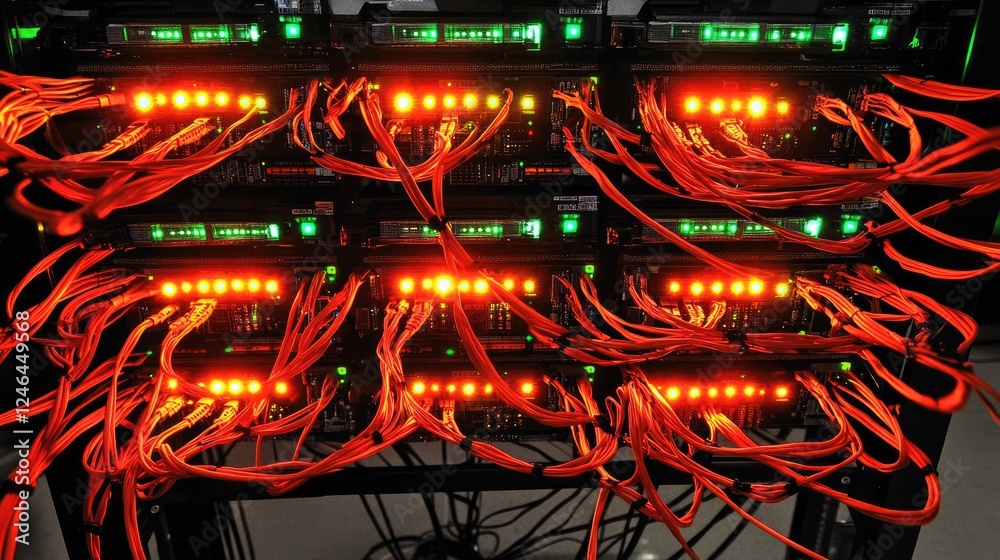 Poster server room with glowing data connections representing high-speed networking.