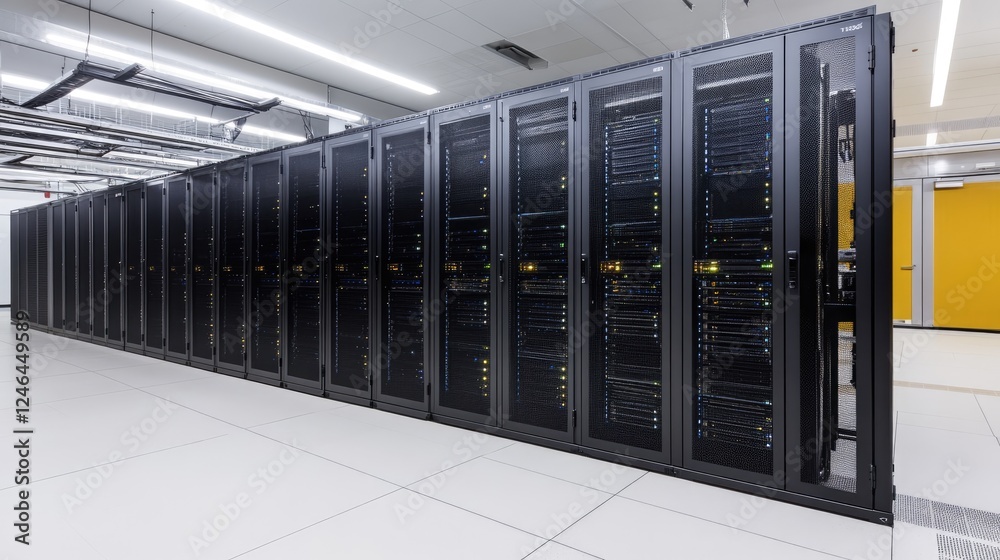 Poster server room with glowing data connections representing high-speed networking.