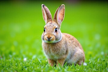 rabbit with brown and white fur on lush green grass