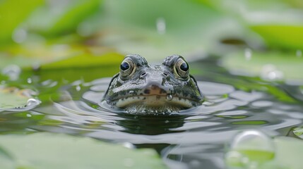 Fototapeta premium Close-up of a frog swimming among lily pads in a serene pond with gentle ripples and droplets