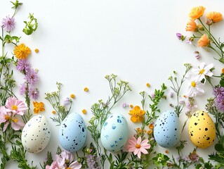 Colorful Easter Eggs Surrounded by Fresh Flowers and Greenery on a Soft Background