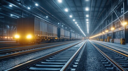 Freight Train in Dark Industrial Warehouse with Bright Lights