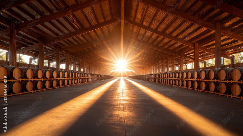 Aufkleber Sunlight streams through high windows, illuminating a row of stacked whiskey barrels in a traditional warehouse, creating a warm and inviting atmosphere