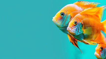 Three colorful fish swim in turquoise water.