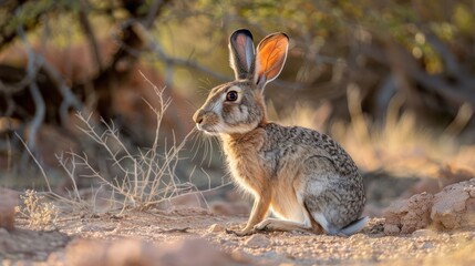 A desert hare sitting quietly amidst sparse vegetation in a warm, sunlit landscape