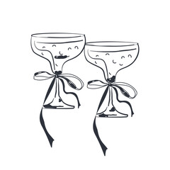 Cocktails in festive glasses with bows, hand-drawn in black ink. Drinks for weddings, holiday parties, Christmas, birthday, menus. Vector illustration, sketch, doodle. Isolated.