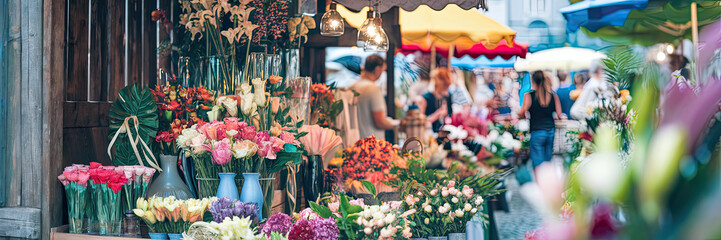 Naklejka premium Colorful Flower Market Stall Blooming Roses Summer Blooms Outdoor Market Fresh Flowers Floral