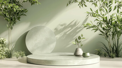 Modern 3D Podium with Fresh Green Tones Surrounded by Lush Plants and Smooth Surfaces