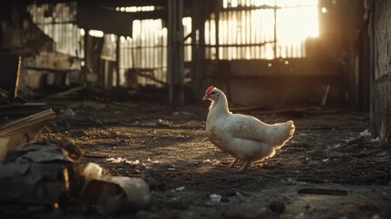 Rustic farm scene with a chicken in a barnyard setting