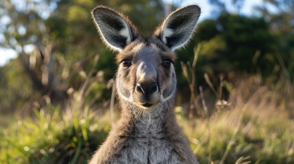 Fototapeta premium Close-up of a kangaroo in a natural setting, surrounded by grass and trees under a clear sky