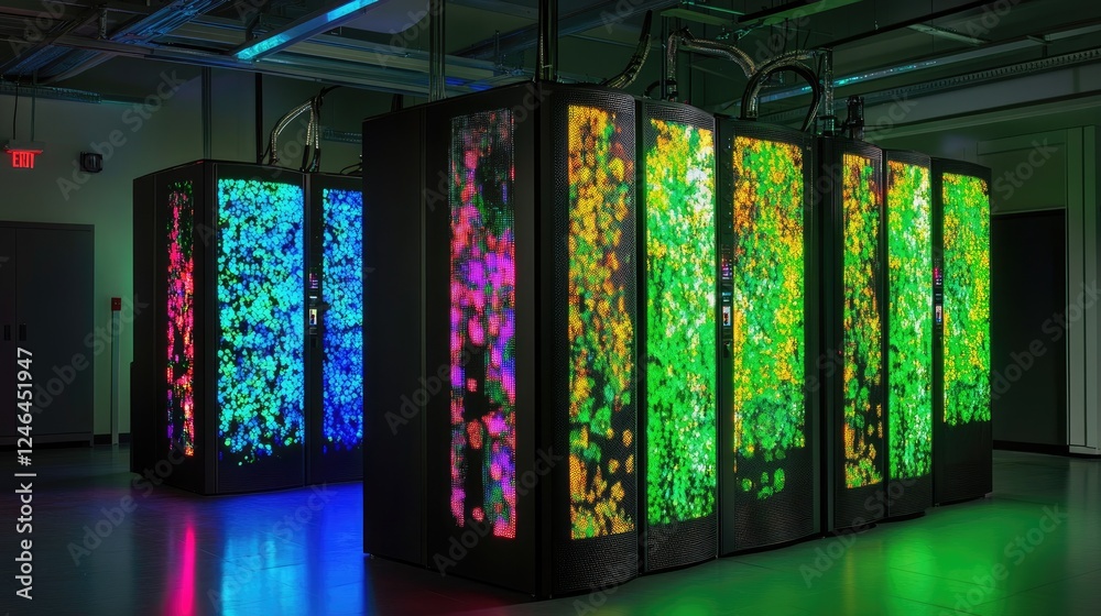 Poster supercomputer processing massive amounts of data with glowing analytics.