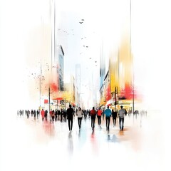 Fototapeta premium Bustling Urban Marketplace, lively crowd, dynamic arrangement, vivid hues, set against a clean white backdrop