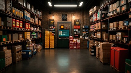 Abandoned Storage Room with Dark Ambiance - Realistic Shipping Boxes and Books on Shelves Under Low Light
