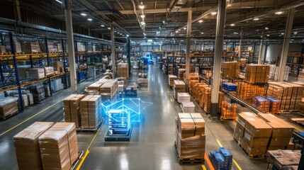 Fototapeta premium Factory floor with interconnected IoT devices tracking performance metrics.