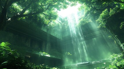 Sunbeams illuminate lush indoor jungle atrium.