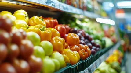 Colorful produce aisle with fresh fruits and vegetables