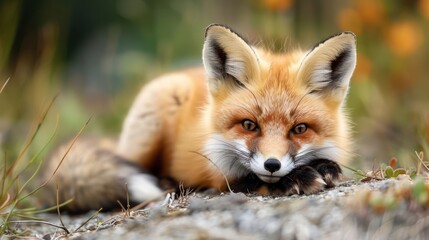 Fototapeta premium A close-up of a resting red fox in a natural setting, surrounded by vibrant foliage and soft light