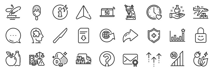Power info, Fraud and Question mark line icons pack. Share, Message, Paper plane icons. Microscope, Download file, Delivery truck web icon. Medical shield, Mental conundrum, Dating pictogram. Vector