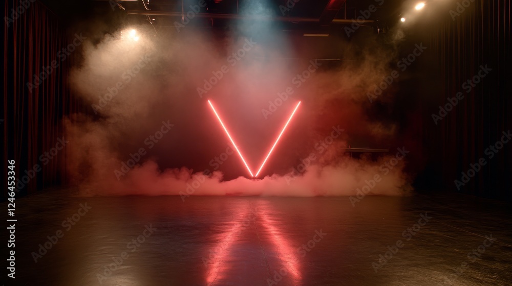 Fototapete Red neon beams form a sharp triangular pattern on a shiny black surface, enhancing the futuristic atmosphere with ample space for text or design elements