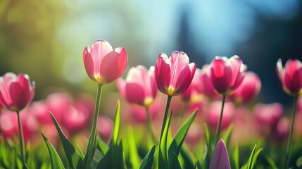 Fototapeta premium Sunlit pink tulips in blooming spring garden