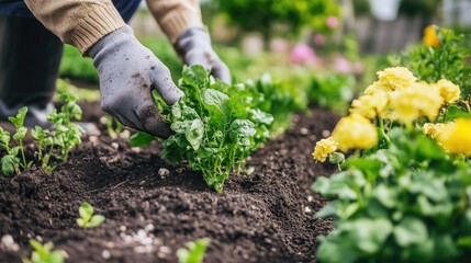 Gardener tending to lush vegetable plants in vibrant flower garden