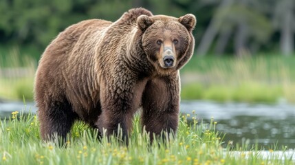 Obraz premium Majestic brown bear standing in lush green grass by a serene lake, surrounded by nature's beauty