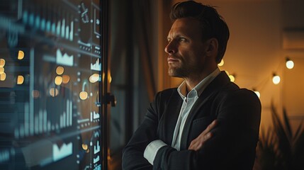 Business professional analyzing data projections in a modern office environment during evening hours