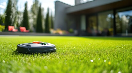 Wi-Fi-enabled robotic lawn mower cutting grass in a modern backyard.