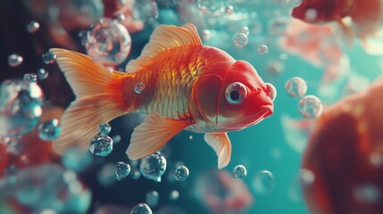 Fototapeta premium Goldfish swimming in vibrant water with air bubbles