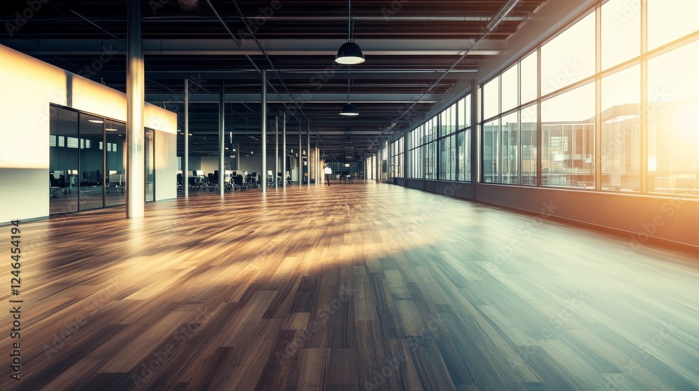 Poster bright and airy office space showcases wooden floors and large windows, providing an open atmosphere