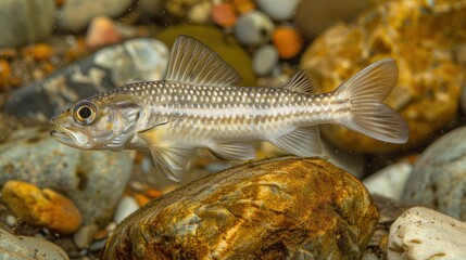 Underwater view of a fish swimming among pebbles in a clear stream, showcasing aquatic life
