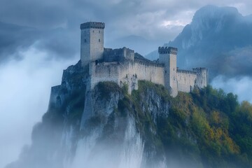 Naklejka premium medieval fortress perched on misty mountain peak, moonlit stone towers, dramatic stormy sky, fantasy atmosphere