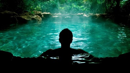 Fototapeta premium Tranquil Man Relaxing in a Natural Hot Spring Pool