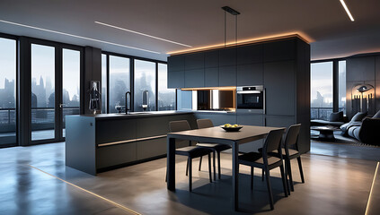 Luxury dark dining room interior with table and six chairs,  a dark theme kitchen with a dining table and chairs, Interior modern kitchen in black and white theme design, created with generative ai