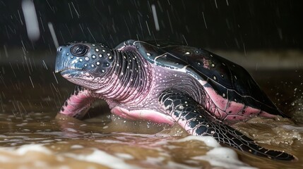 Naklejka premium A close-up of a turtle emerging from the ocean, rain falling, with a blurred sandy beach background