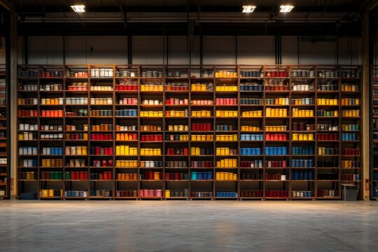 In a spacious industrial setting, shelves are stocked with neatly arranged paint cans featuring vibrant labels, complemented by soft, effective lighting on the scene - Powered by Adobe