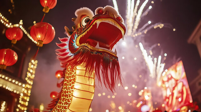 A celebration of Lunar New Year with lanterns, dragon dances, and fireworks