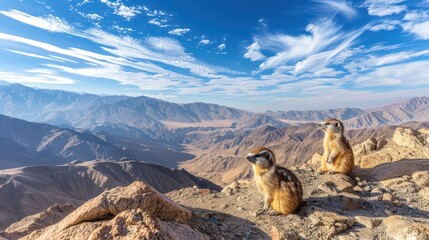 Fototapeta premium Two marmots perched on a rocky ledge overlooking a breathtaking mountain landscape under a blue sky