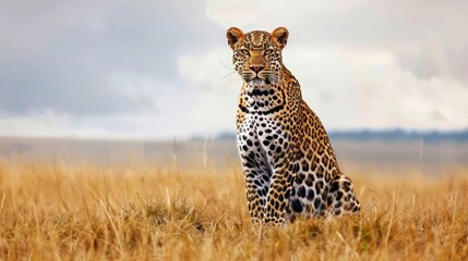 Majestic leopard sitting gracefully in golden grassland under a dramatic sky, showcasing its beauty