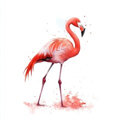 Obraz premium Vibrant Flamingo in Watercolor, Elegant single-leg stance, Soft pink hues, Isolated on white, Perfect for nature-inspired decor
