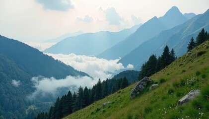 Fototapeta premium Gentle morning mist wraps rugged mountain slopes, clouds, mist, outdoorsy